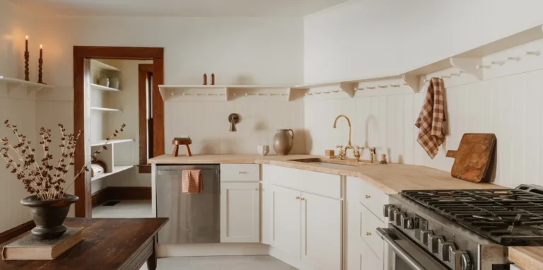 Kitchen styled for a listing: cream shaker fronts, timber worktops and open shelving kept clear.