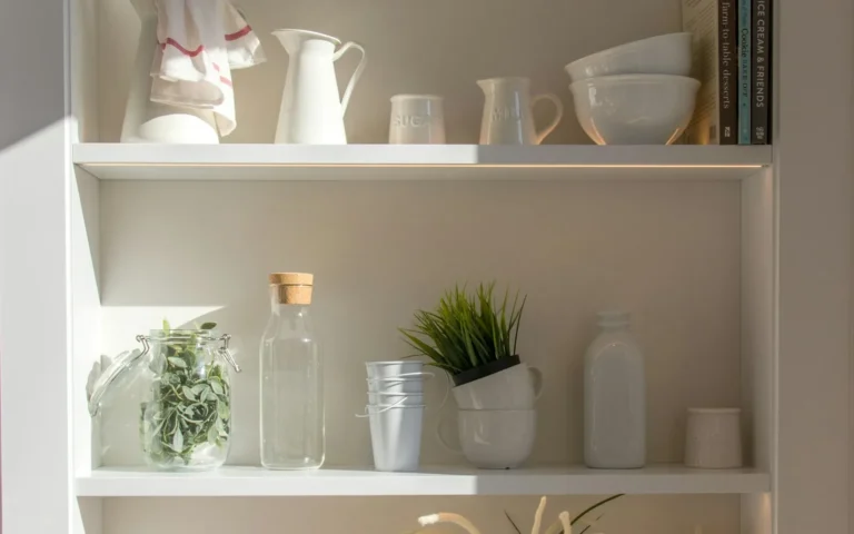 Open kitchen shelving styled with white ceramics, glassware and a small plant.