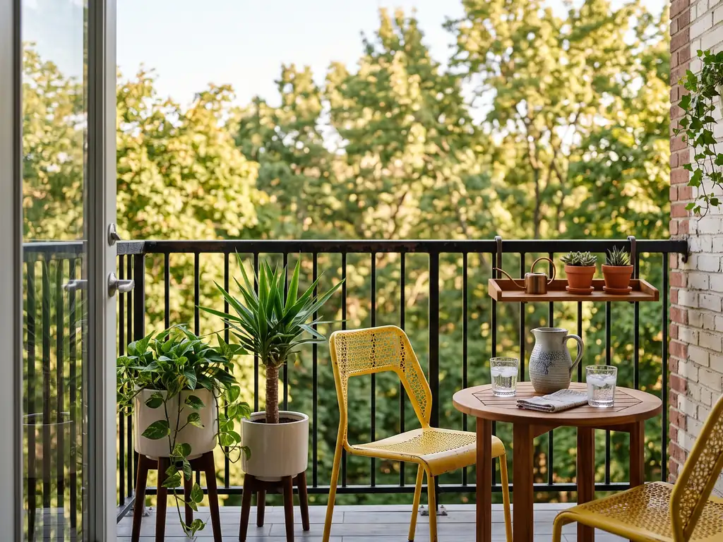Small mid-century modern balcony with two yellow metal chairs at a round teak table, tripod planters of trailing plants and a teak shelf on the railing