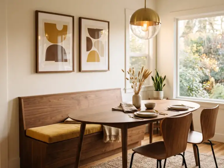 Mid-century modern breakfast nook with two walnut-framed mustard and cream abstract prints above a walnut bench with a mustard cushion