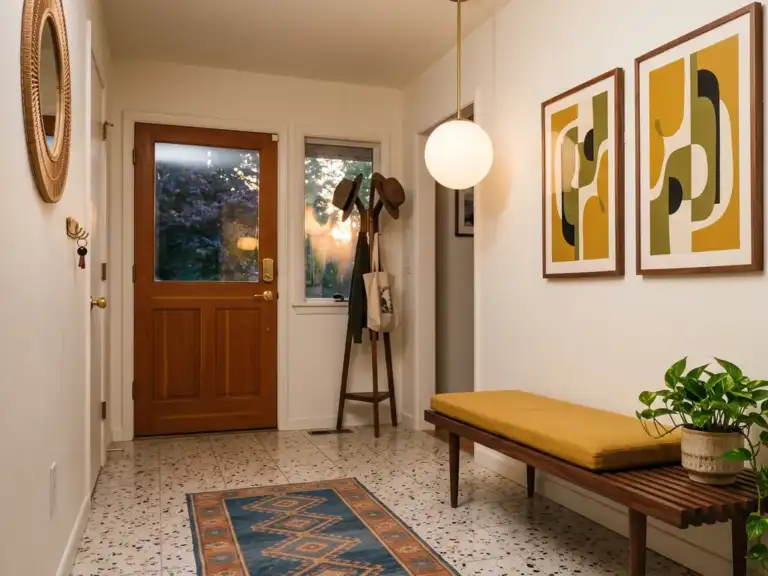 Mid-century modern entryway with a walnut slat bench and mustard cushion, a pair of framed abstract prints above it and a white globe pendant light