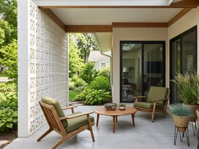Mid-century modern porch with two teak lounge chairs with olive cushions around a round teak coffee table and tapered planters of ornamental grasses