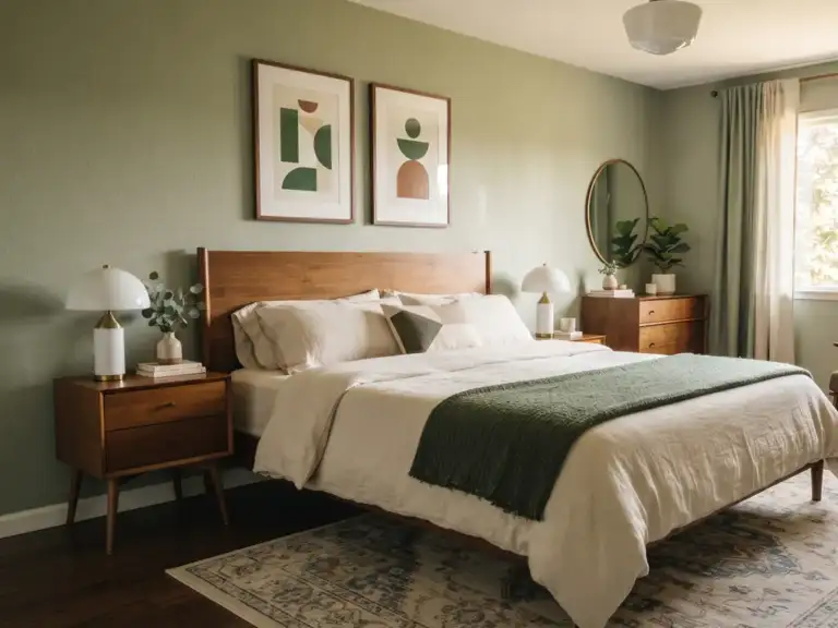 Medium mid-century primary bedroom with sage green walls and a pair of framed abstract prints above a walnut headboard with white mushroom lamps
