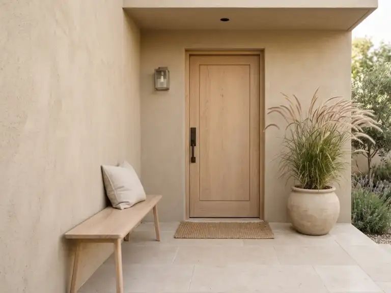 Small minimalist front porch with one oversized beige stone planter of feathery grass, a slim pale wood bench and a woven doormat against beige stucco