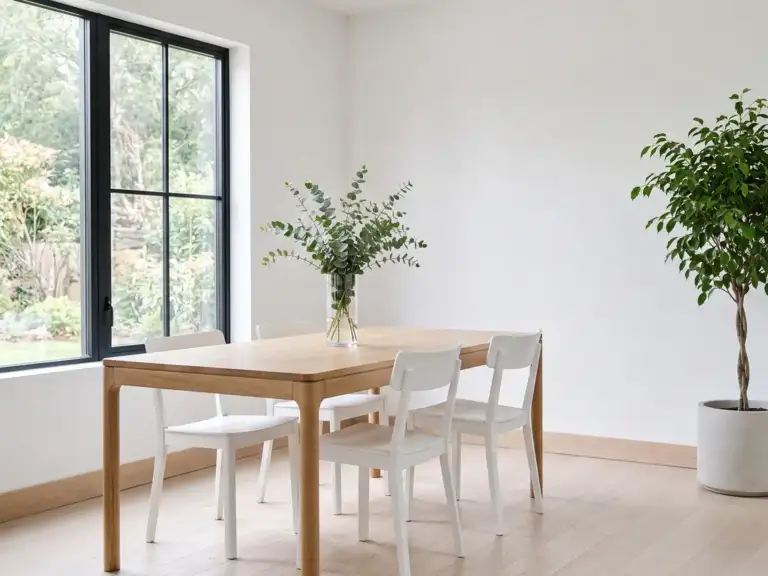 Small minimalist dining room with bare white walls, a white oak table and chairs, a tall ficus in a stone planter and eucalyptus in a glass vase