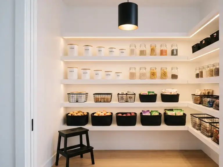 Modern walk-in pantry with white shelves lit by warm under-shelf lights, a black cylinder pendant, white canisters and black woven baskets