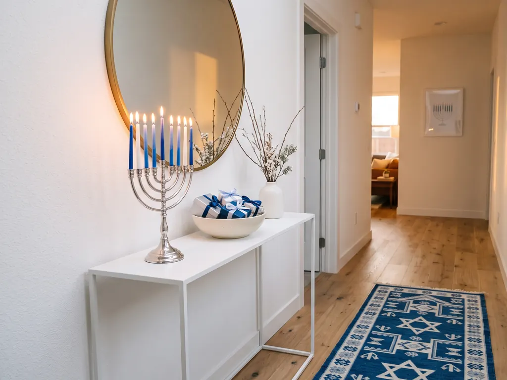 Modern hallway with a slim white console table styled for Hanukkah with a silver menorah, blue and white candles, wrapped gifts, a round mirror and a blue runner