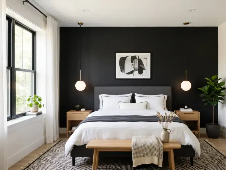 Medium modern primary bedroom with a matte black painted wall behind a low charcoal bed with white bedding, oak nightstands and white globe pendants