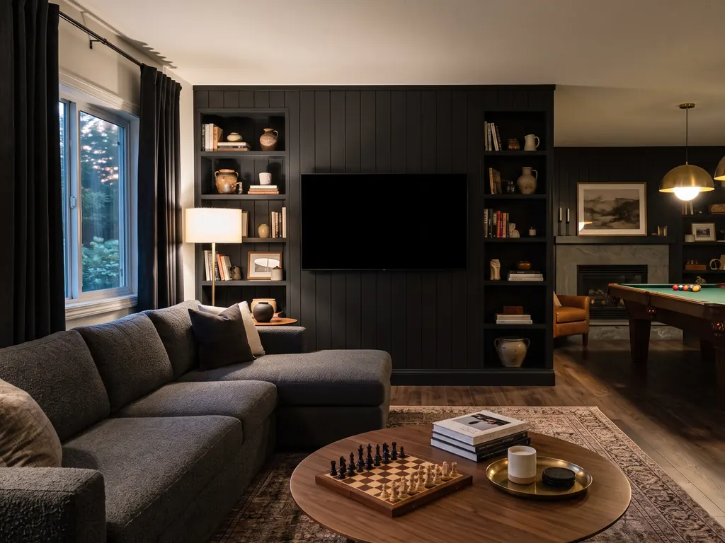 Moody game room with a black paneled TV wall and shelves, a charcoal sectional, a round walnut coffee table with a chess set and books, and a pool table behind