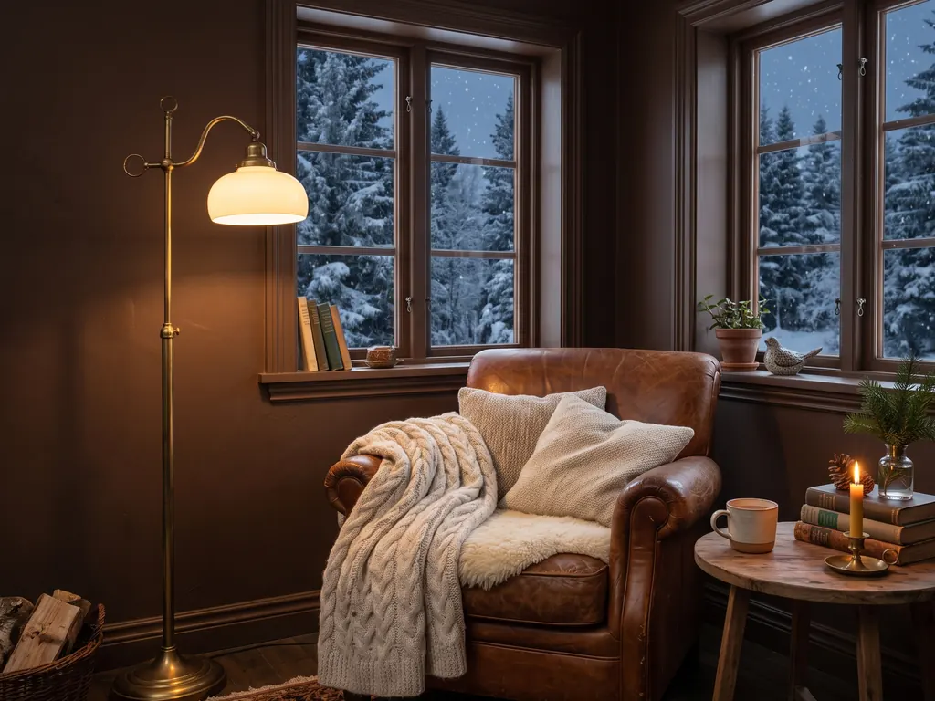 Moody reading nook with chocolate brown walls, a cognac leather armchair piled with cream knit throws, a brass floor lamp, stacked books and snow outside the window