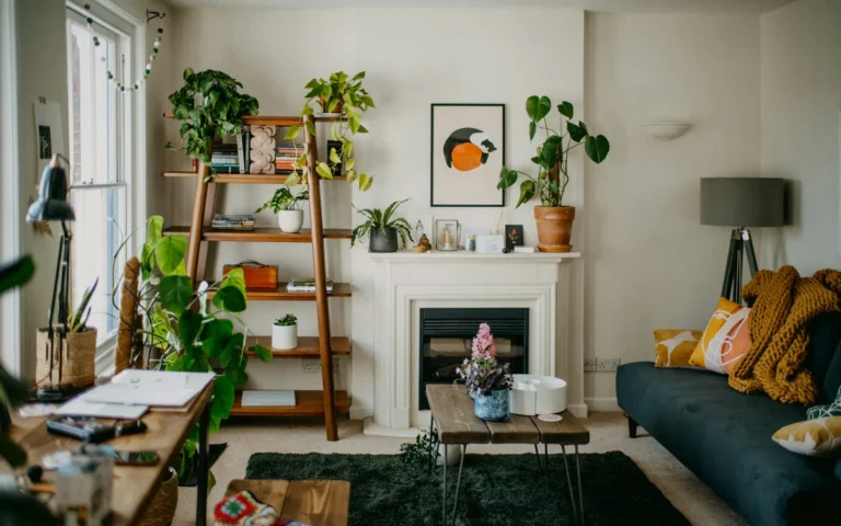 A lived-in living room with open shelving, plants and a fireplace, tidied for viewings.