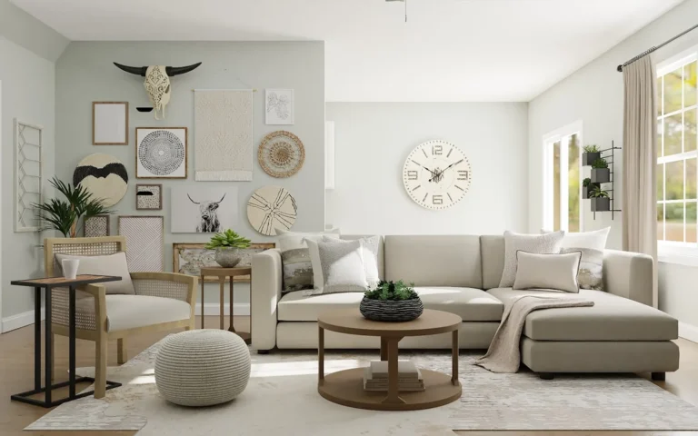 A living room after a refresh: pale sofas, a round coffee table and framed prints.