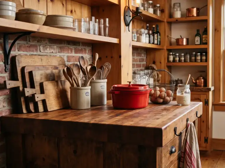 Rustic butler's pantry with a butcher-block counter styled with leaning bread boards, stoneware crocks, a red enamel pot and a basket of eggs