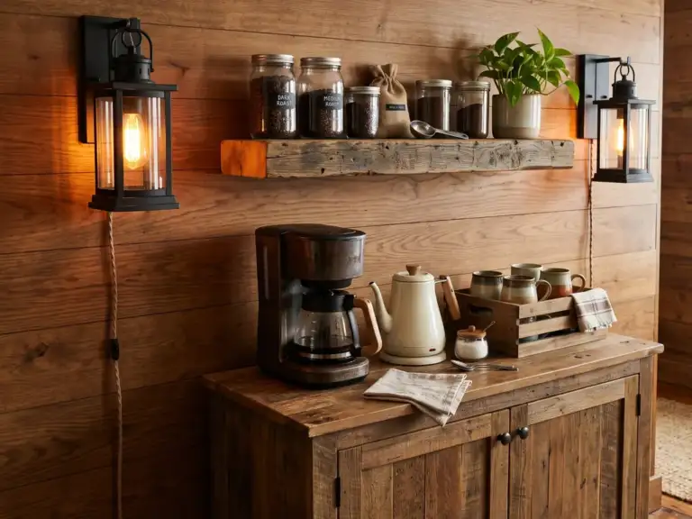 Rustic coffee station with a reclaimed wood shelf between two glowing iron lantern sconces, above a wood cabinet with a coffee maker and a crate of mugs