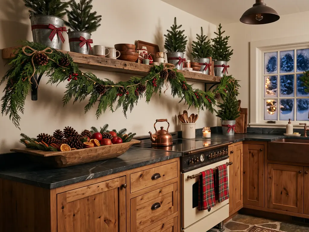 Small rustic kitchen dressed for the holidays with a cedar garland on a reclaimed wood shelf, small potted evergreens and red plaid towels