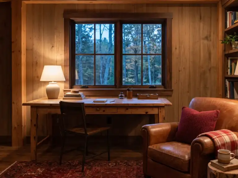 Rustic home office with wood-paneled walls, a pine desk and a leather armchair holding a red plaid wool throw and a red knit pillow