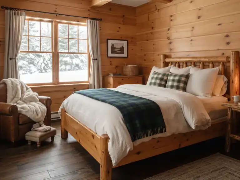 Medium rustic primary bedroom with a pine bed layered with a forest green plaid wool throw, green and cream wool pillows and a faux fur throw on a chair