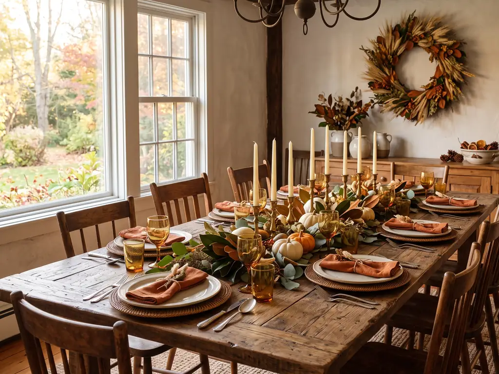 Rustic dining room set for Thanksgiving with a long wood table, a runner of eucalyptus and small pumpkins, brass taper candlesticks, woven chargers and amber glassware