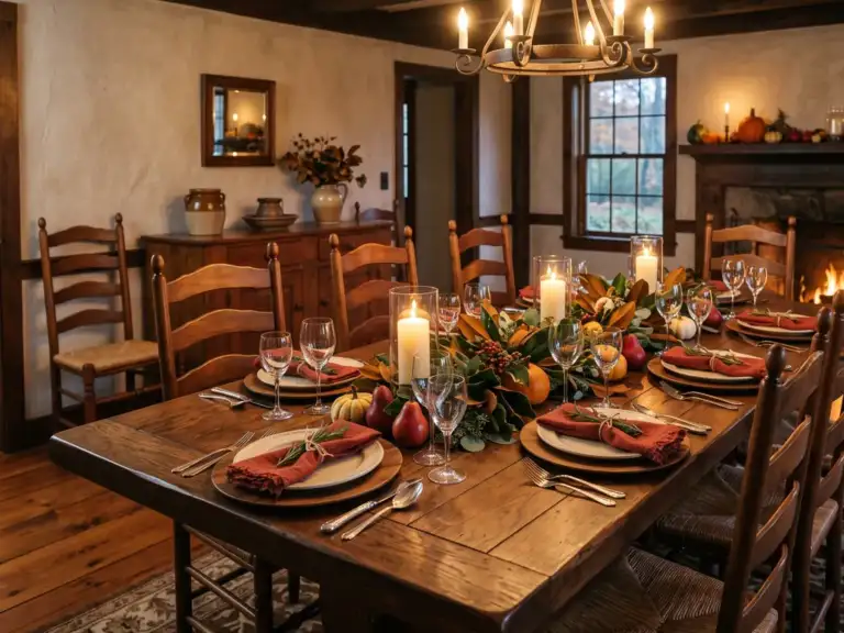 Rustic dining room with a wooden harvest table set for Thanksgiving with magnolia leaves, small pumpkins, pillar candles and rust red napkins