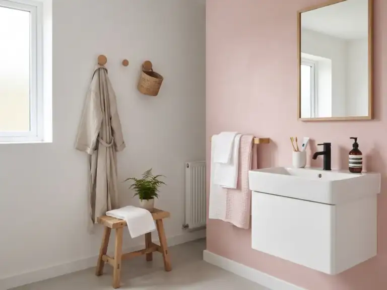 Small Scandinavian bathroom with one dusty pink painted wall behind a white wall-hung sink, an oak towel rail with waffle towels and oak peg hooks