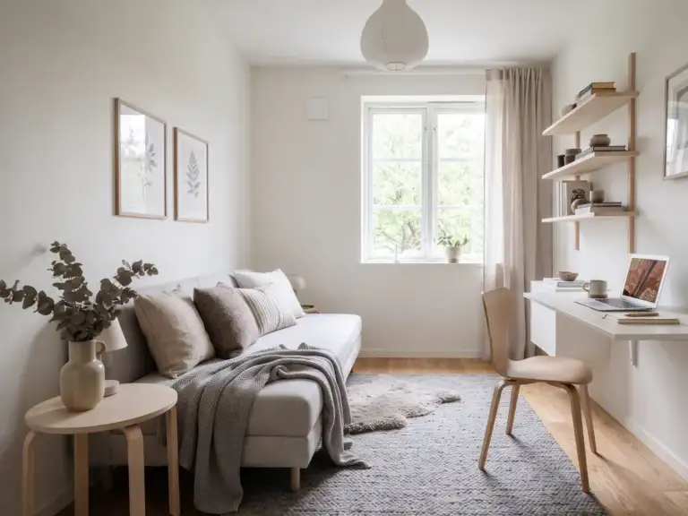 Small Scandinavian guest room and home office with a light gray upholstered daybed along one wall and a white floating desk opposite