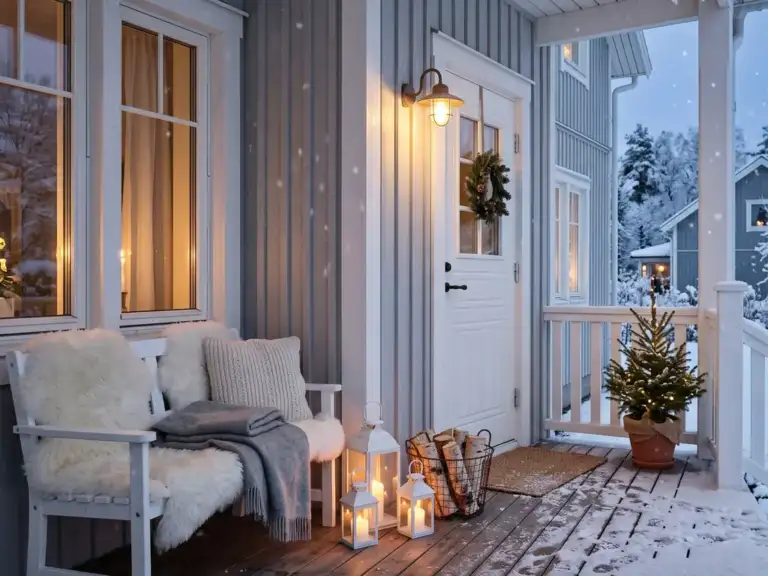 Small Scandinavian porch in winter with a white bench covered in sheepskins and a gray wool blanket, white candle lanterns, birch logs and a potted fir