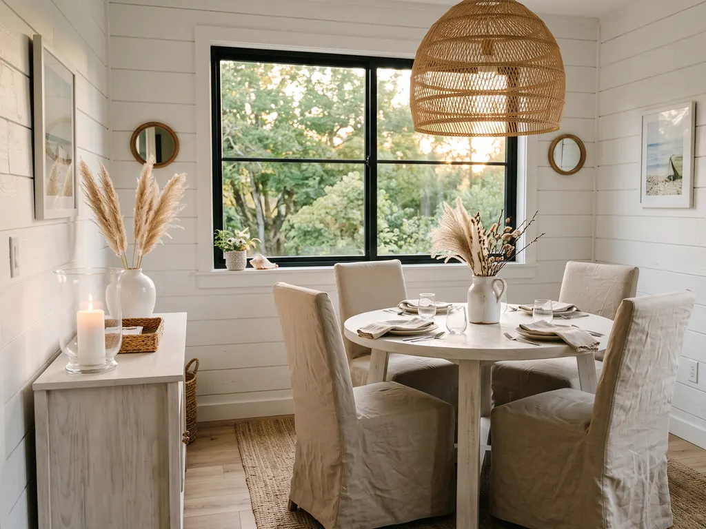 Small coastal dining room with an oversized rattan dome pendant over a whitewashed round table, beige slipcovered chairs and a natural sisal rug