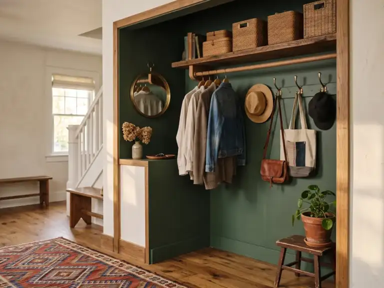 Small open closet nook with deep green walls, a row of mismatched vintage brass hooks, rattan baskets on a shelf and a colorful kilim runner