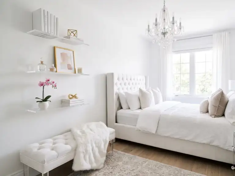 Small glam white bedroom with three clear acrylic shelves styled with white books, gold objects, glass bottles, a framed print and a pink orchid above a tufted bench