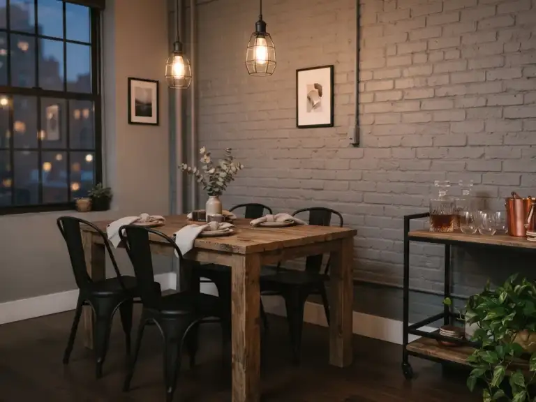 Small industrial dining room with a reclaimed wood table, black metal chairs and a steel and wood bar cart holding decanters, glasses and an ice bucket