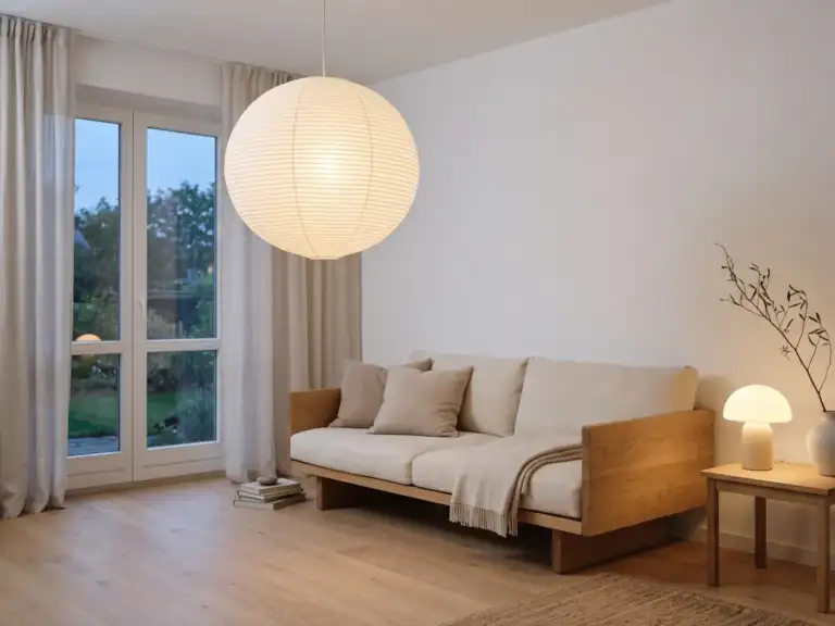 Small minimalist living room with a large white paper lantern pendant over a low oak sofa, an oak side table with a mushroom lamp and plain white walls