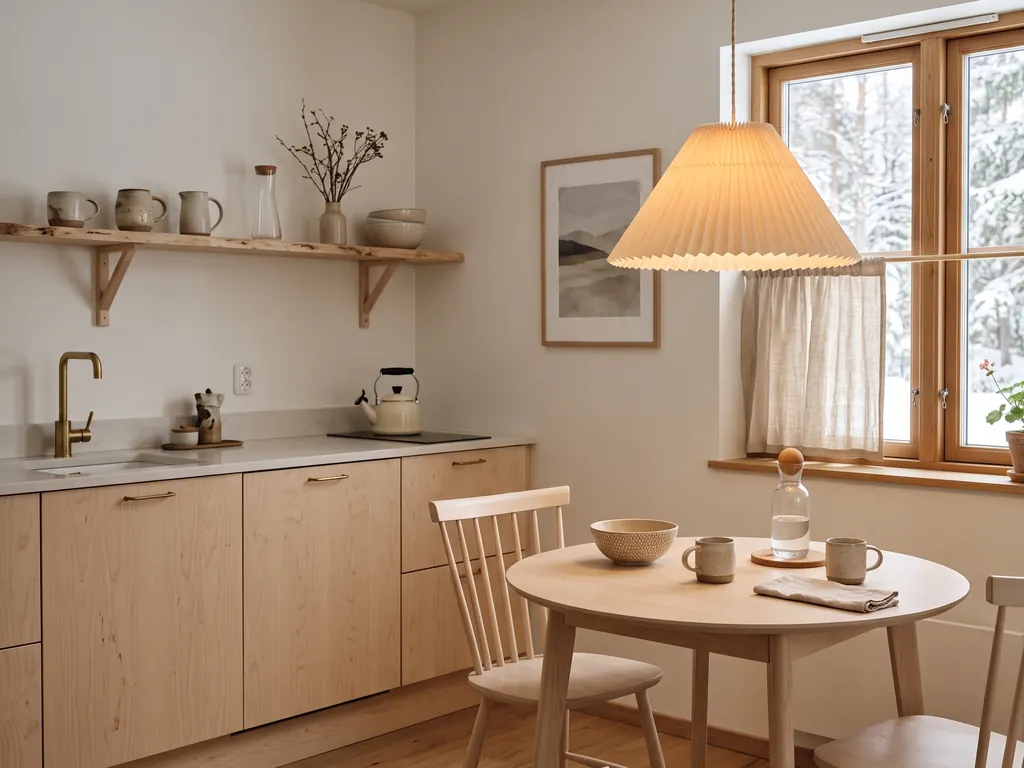 Small Scandinavian kitchen with a large pleated paper pendant over a birch table, a beige linen cafe curtain and a birch shelf of stoneware mugs