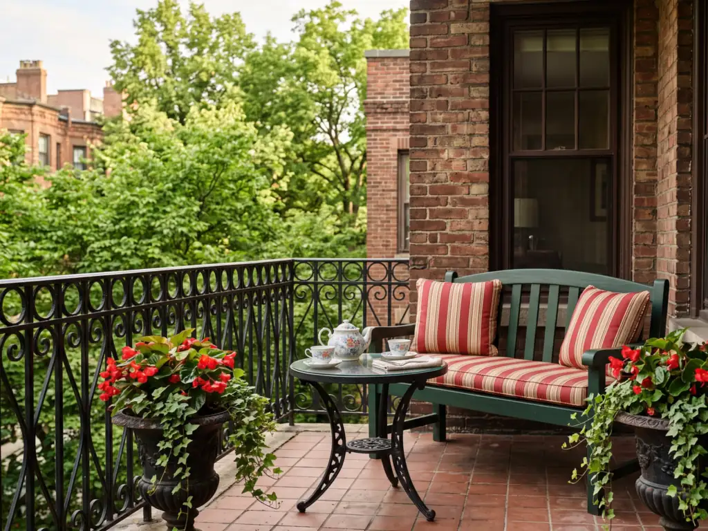 Traditional balcony with a dark green wooden settee with red and cream striped cushions, a tea table with china cups and cast-iron urns of red begonias