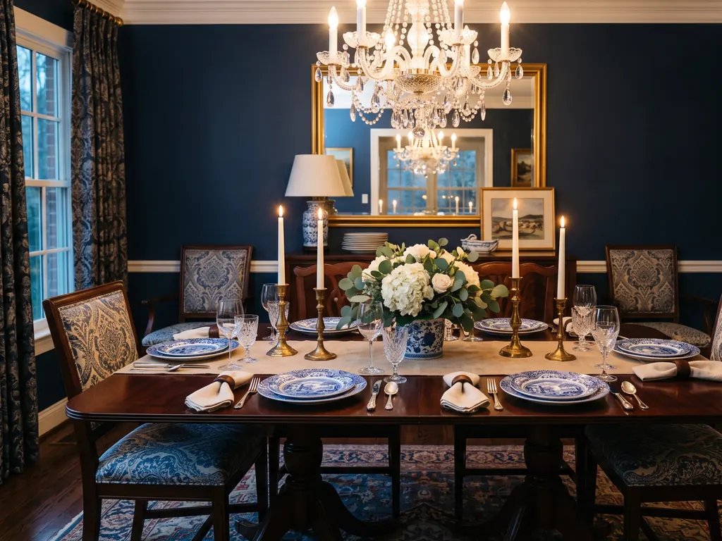 Traditional dining room with navy walls and a dark wood table set with blue and white china, brass candlesticks and white hydrangeas