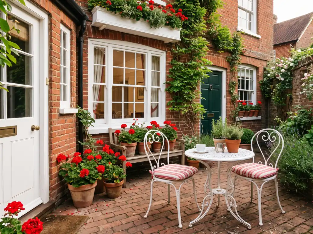 Small traditional brick patio with a white wrought-iron bistro table and two chairs surrounded by red geraniums in terracotta pots and a white window box