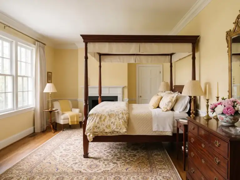 Large traditional bedroom with butter yellow walls, a gilded mirror over a mahogany chest, a four-poster bed with floral bedding and brass lamps