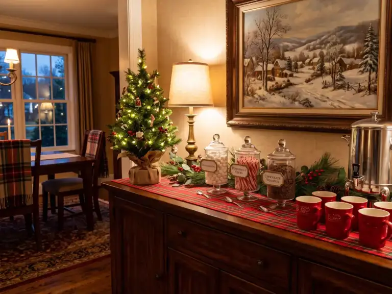 Traditional holiday hot cocoa bar on a dark wood sideboard with a red plaid runner, a small lit evergreen, glass jars of toppings and red mugs