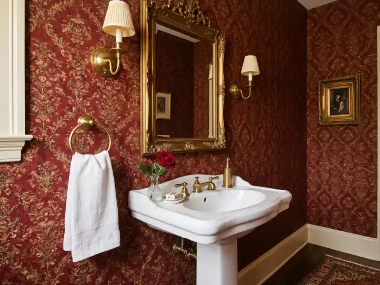 Small traditional powder room with deep red patterned wallpaper, an ornate gold framed mirror, a pedestal sink and a pair of brass wall sconces