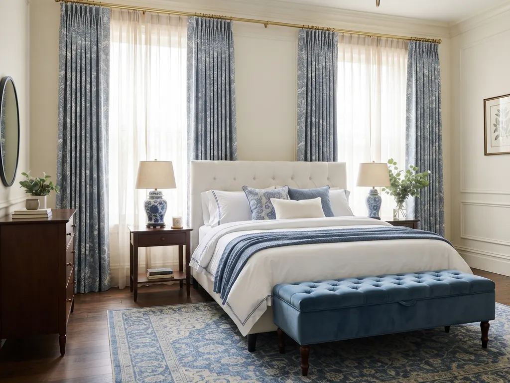 Large traditional primary bedroom with blue and white patterned pinch pleat drapes on a brass rod, a white upholstered bed and a blue tufted bench