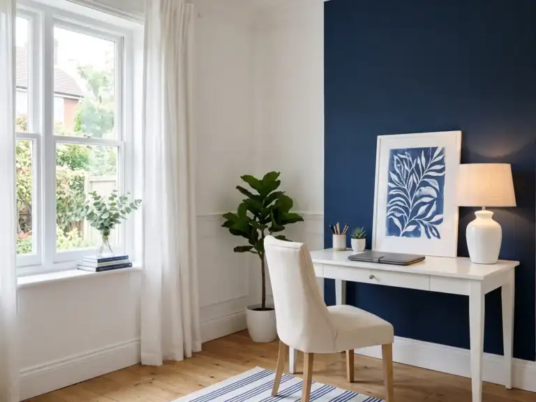 Small transitional home office with a navy blue accent wall behind a white writing desk, a cream linen chair and a white ceramic table lamp