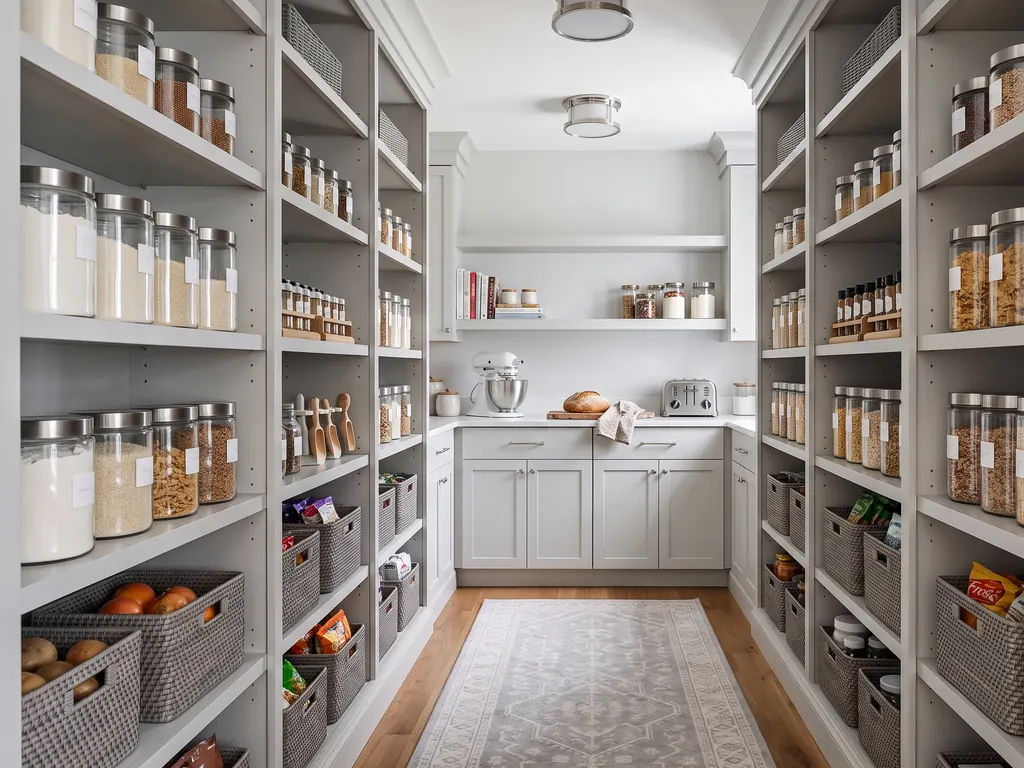 Large transitional walk-in pantry with a gray and ivory runner down the aisle, gray shelves of glass canisters and an end counter for small appliances