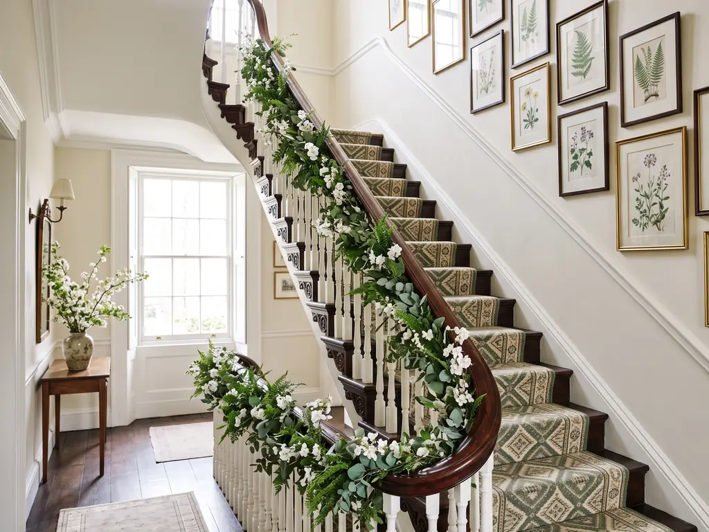 Victorian staircase with a carved wood banister wrapped in a spring garland of greenery and white blossoms and framed botanical prints climbing the wall