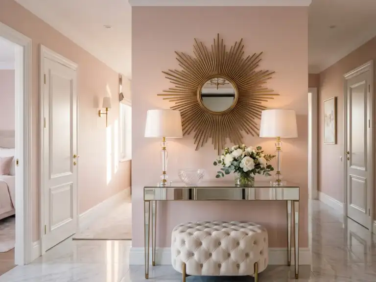 Glam hallway with blush pink walls, a large brass sunburst mirror above a mirrored console, two crystal table lamps, white peonies and a cream velvet pouf.