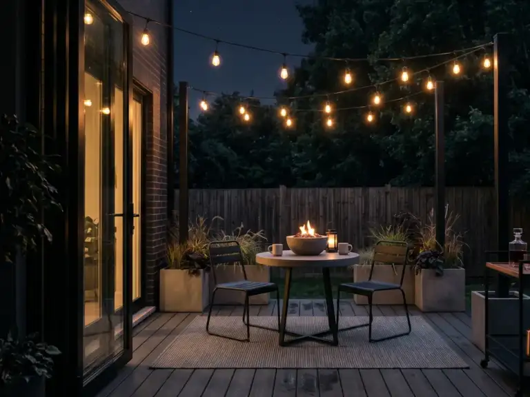 A small dark deck at night with globe string lights on black steel poles set in concrete planters, a concrete bistro table, black metal chairs and a glowing fire bowl.