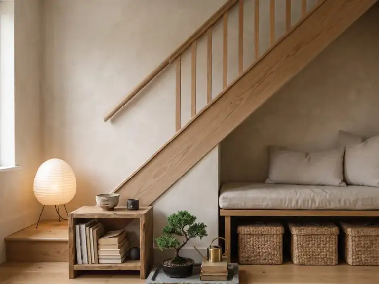 Japandi under-stair reading nook with a low oak bench, a beige linen cushion, three lidded seagrass baskets, a round paper floor lamp and a small bonsai.
