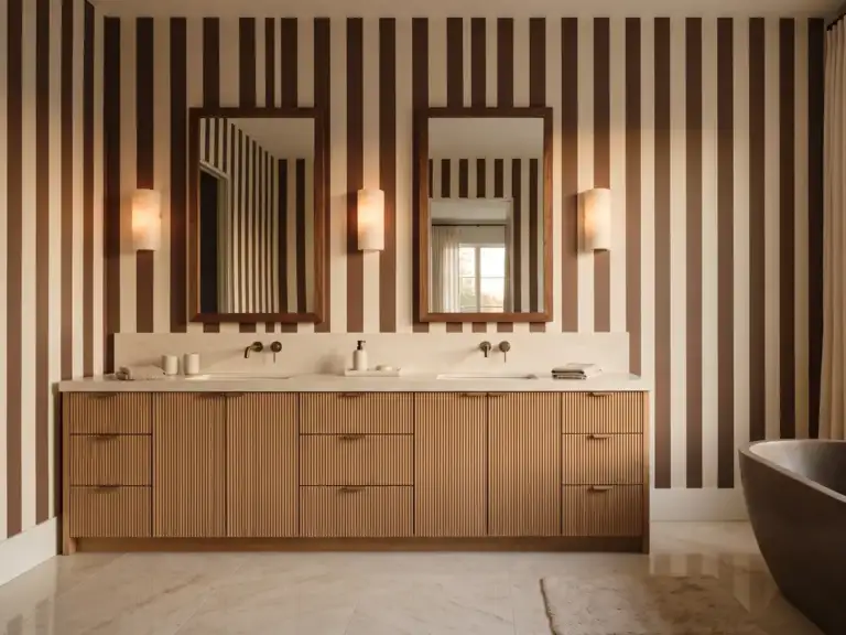 Large modern bathroom with wide cocoa and cream vertical stripe wallpaper, a fluted oak double vanity, two walnut mirrors, alabaster sconces and a brown stone tub
