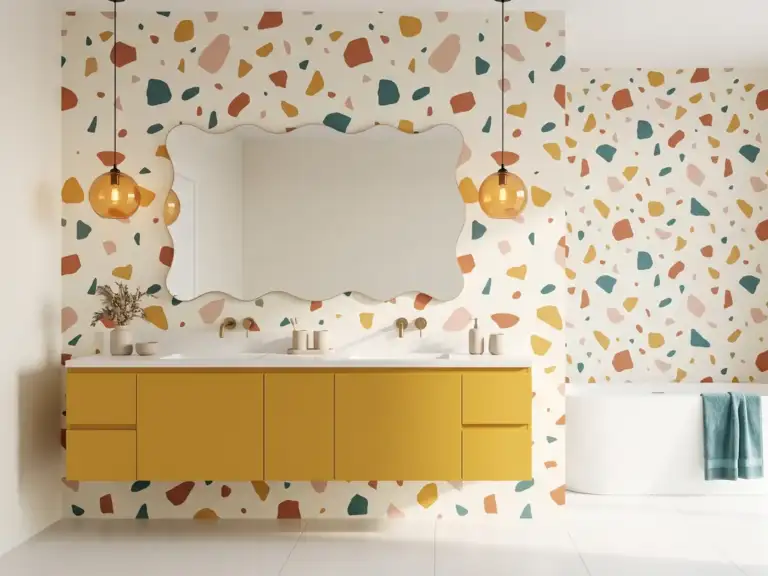 Large modern bathroom with cream wallpaper of big terracotta, mustard, teal and blush terrazzo chips, a mustard double vanity and a wide wavy-edge mirror
