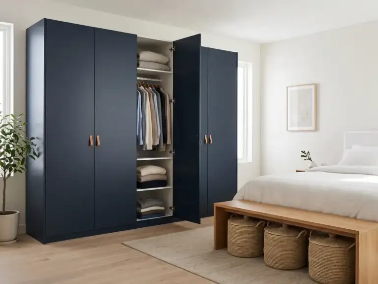 Large modern bedroom with a row of three matte navy freestanding wardrobes with leather pulls and an oak storage bench with lidded baskets at the foot of a white bed