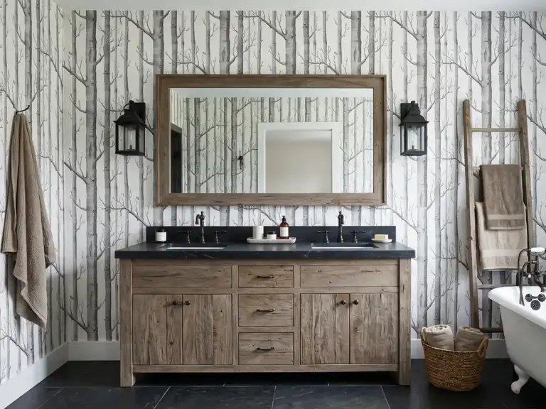 Large rustic bathroom with white wallpaper of slender charcoal birch trunks, a reclaimed oak double vanity with a soapstone top and a wooden towel ladder