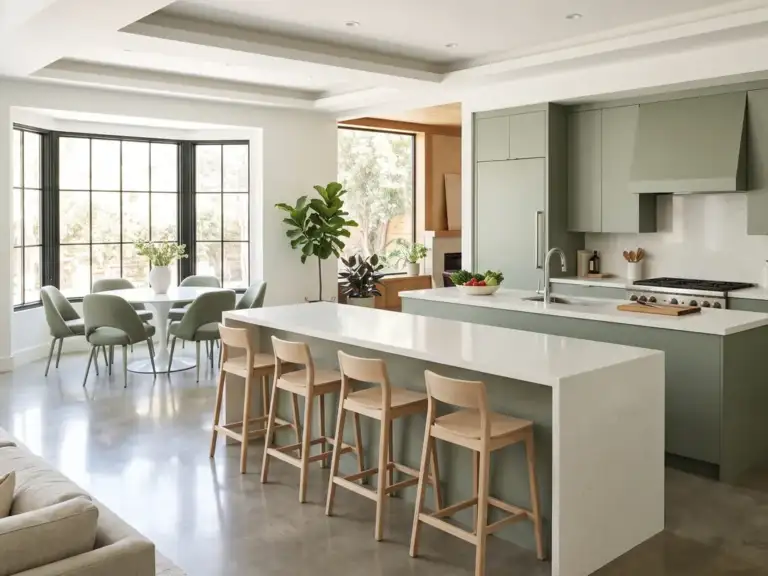 Large open modern kitchen with sage green flat cabinets, a prep island and a seating island with five oak stools, and a round white dining table in the bay window